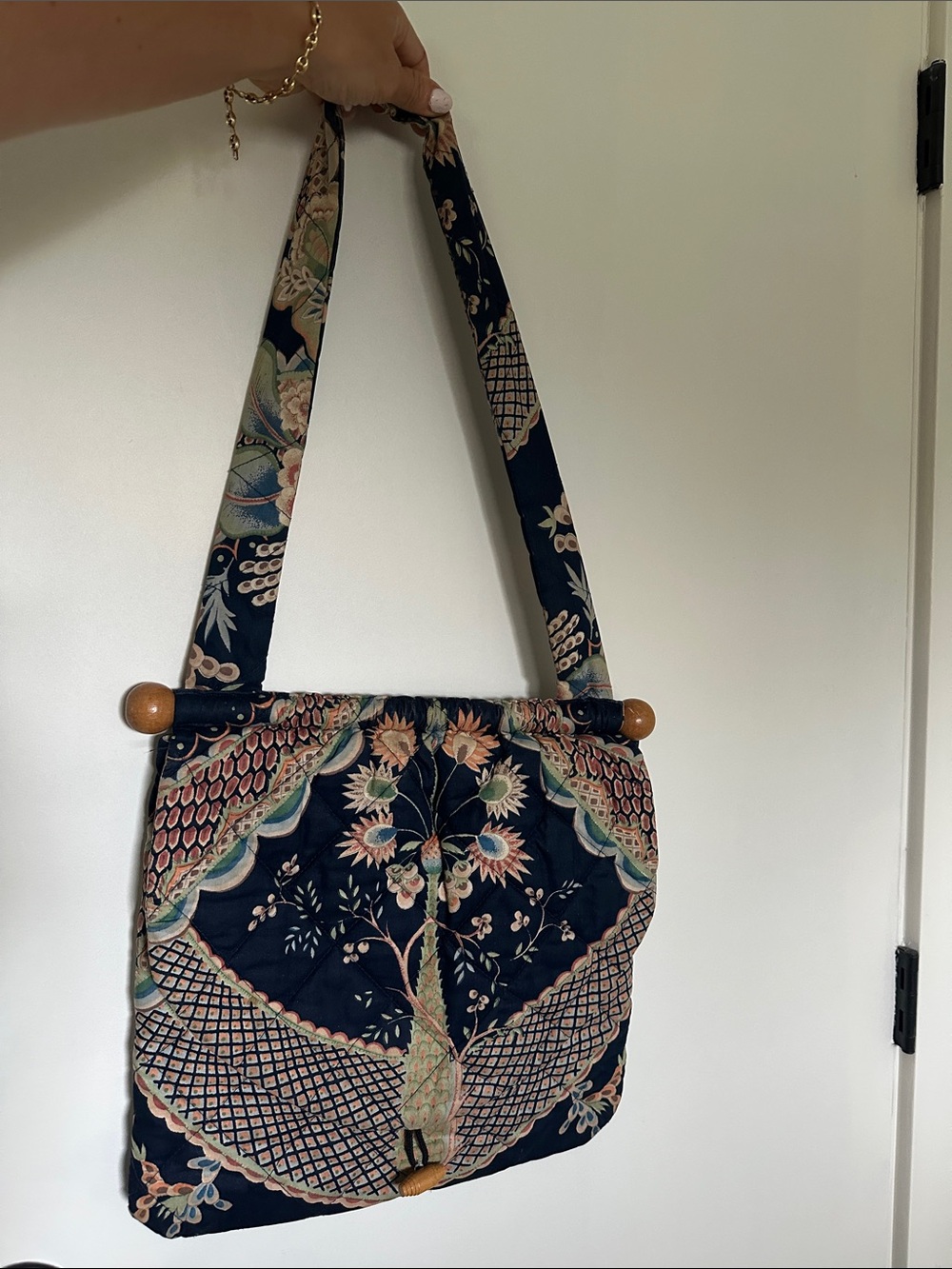 Embroidered Floral Navy Shoulder Bag with Wooden Accents